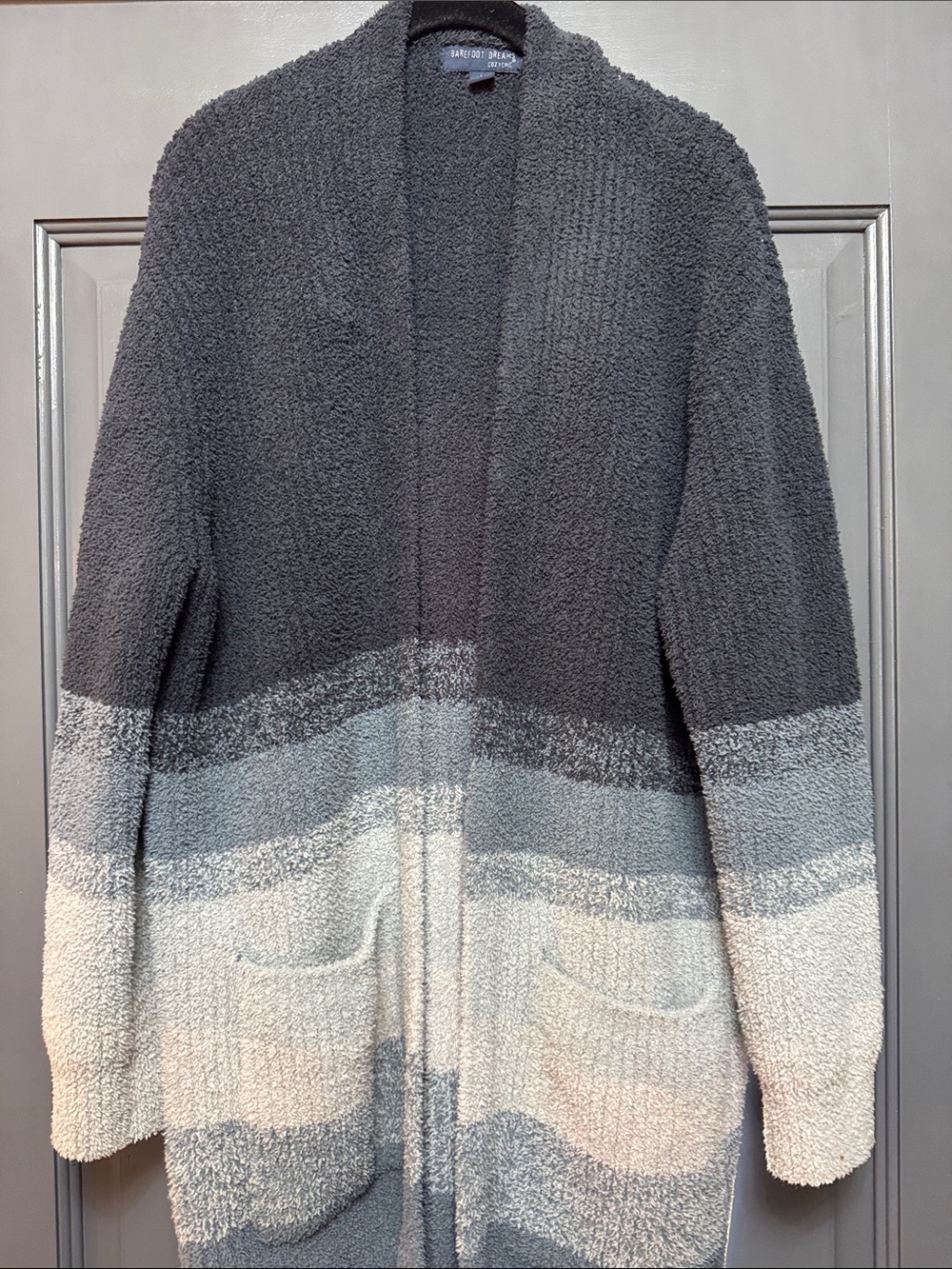 Barefoot Dreams Gray and Cream Striped Open-Front Cardigan